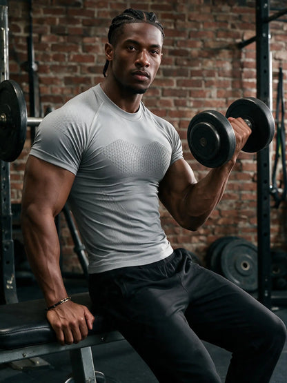 Men'S Compression Shirt Seamless Short Sleeve Athletic T-Shirt High Elastic Moisture Wicking Quick Dry Fitted Muscle-Hugging Workout Gym Running Tee Tshirt