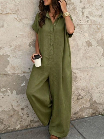 Women'S Casual Loose-Fitting Breathable Jumpsuit, Summer Short Sleeve Collared Print Jumpsuit, Wide Leg Long Pants with Button Closure