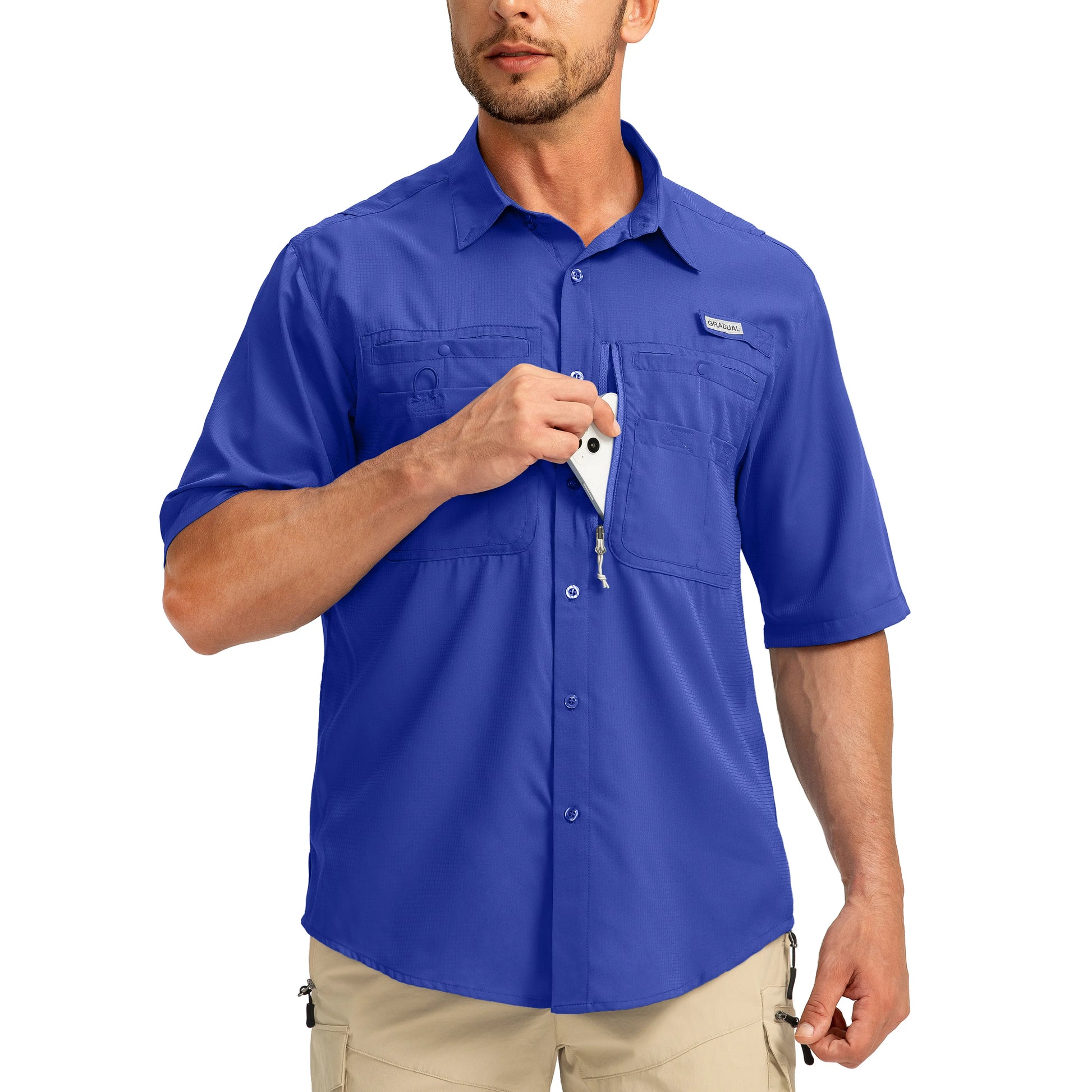 G Gradual Men'S Casual Outdoor Button-Down Fishing Top - UPF 50+ Lightweight Cool Short-Sleeve, Zipper Pockets, Machine Wash for Hiking/Light Outdoor Sports