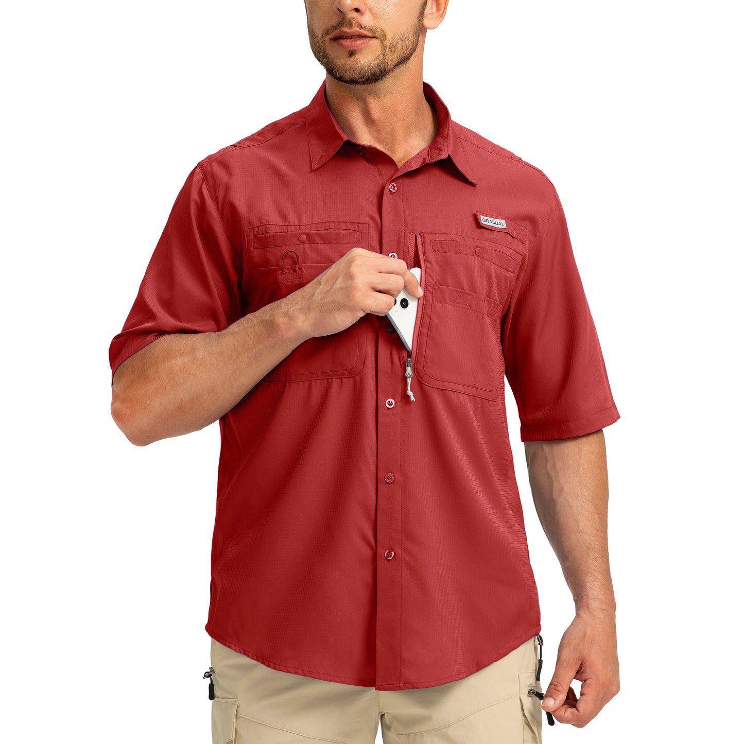 G Gradual Men'S Casual Outdoor Button-Down Fishing Top - UPF 50+ Lightweight Cool Short-Sleeve, Zipper Pockets, Machine Wash for Hiking/Light Outdoor Sports