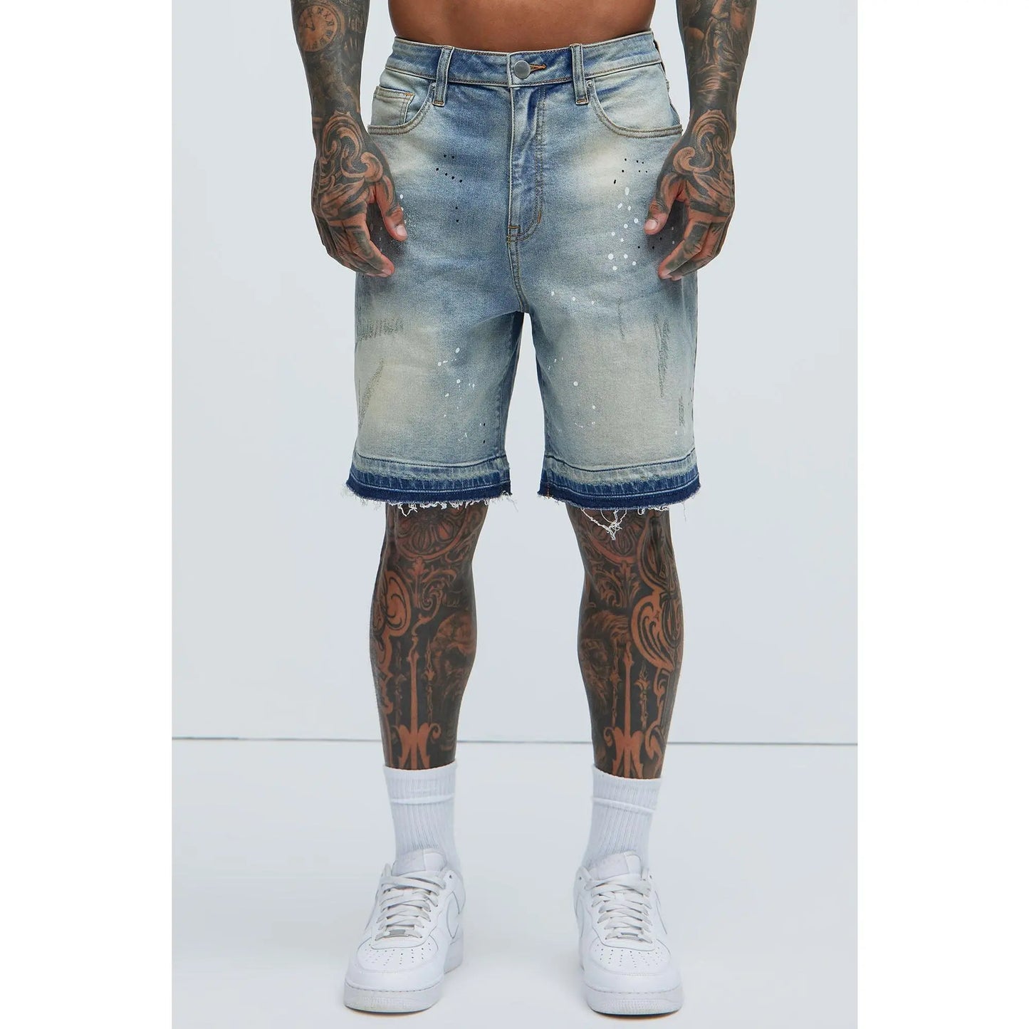 Splatter Skate Relaxed Denim Shorts - Medium Wash