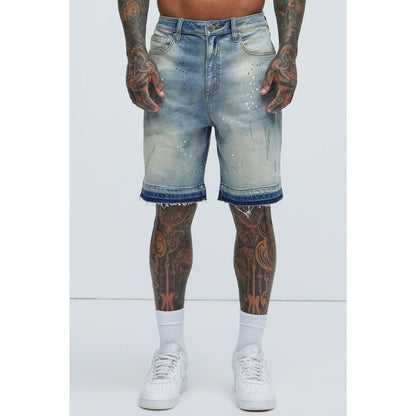 Splatter Skate Relaxed Denim Shorts - Medium Wash