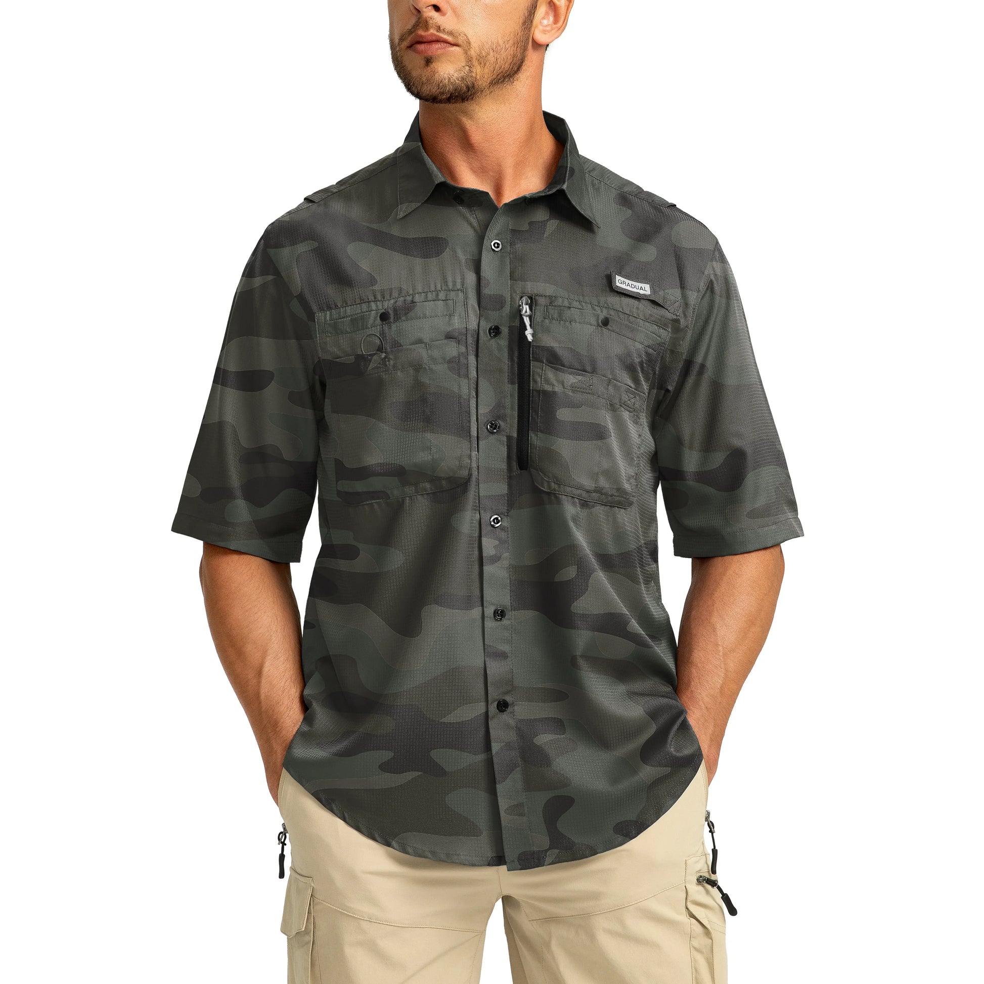 G Gradual Men'S Casual Outdoor Button-Down Fishing Top - UPF 50+ Lightweight Cool Short-Sleeve, Zipper Pockets, Machine Wash for Hiking/Light Outdoor Sports