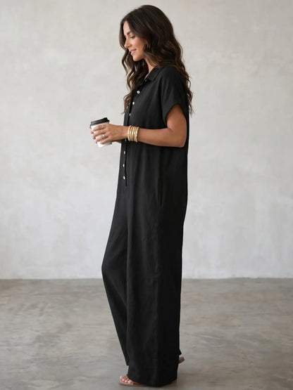 Women'S Casual Loose-Fitting Breathable Jumpsuit, Summer Short Sleeve Collared Print Jumpsuit, Wide Leg Long Pants with Button Closure