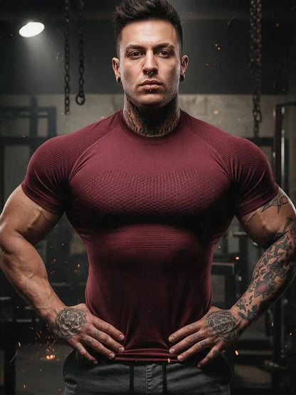 Men'S Compression Shirt Seamless Short Sleeve Athletic T-Shirt High Elastic Moisture Wicking Quick Dry Fitted Muscle-Hugging Workout Gym Running Tee Tshirt