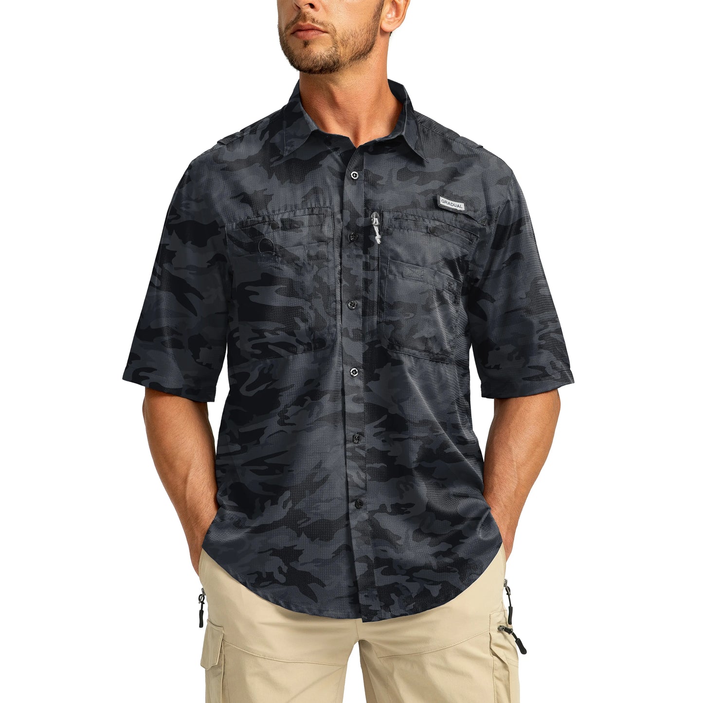 G Gradual Men'S Casual Outdoor Button-Down Fishing Top - UPF 50+ Lightweight Cool Short-Sleeve, Zipper Pockets, Machine Wash for Hiking/Light Outdoor Sports