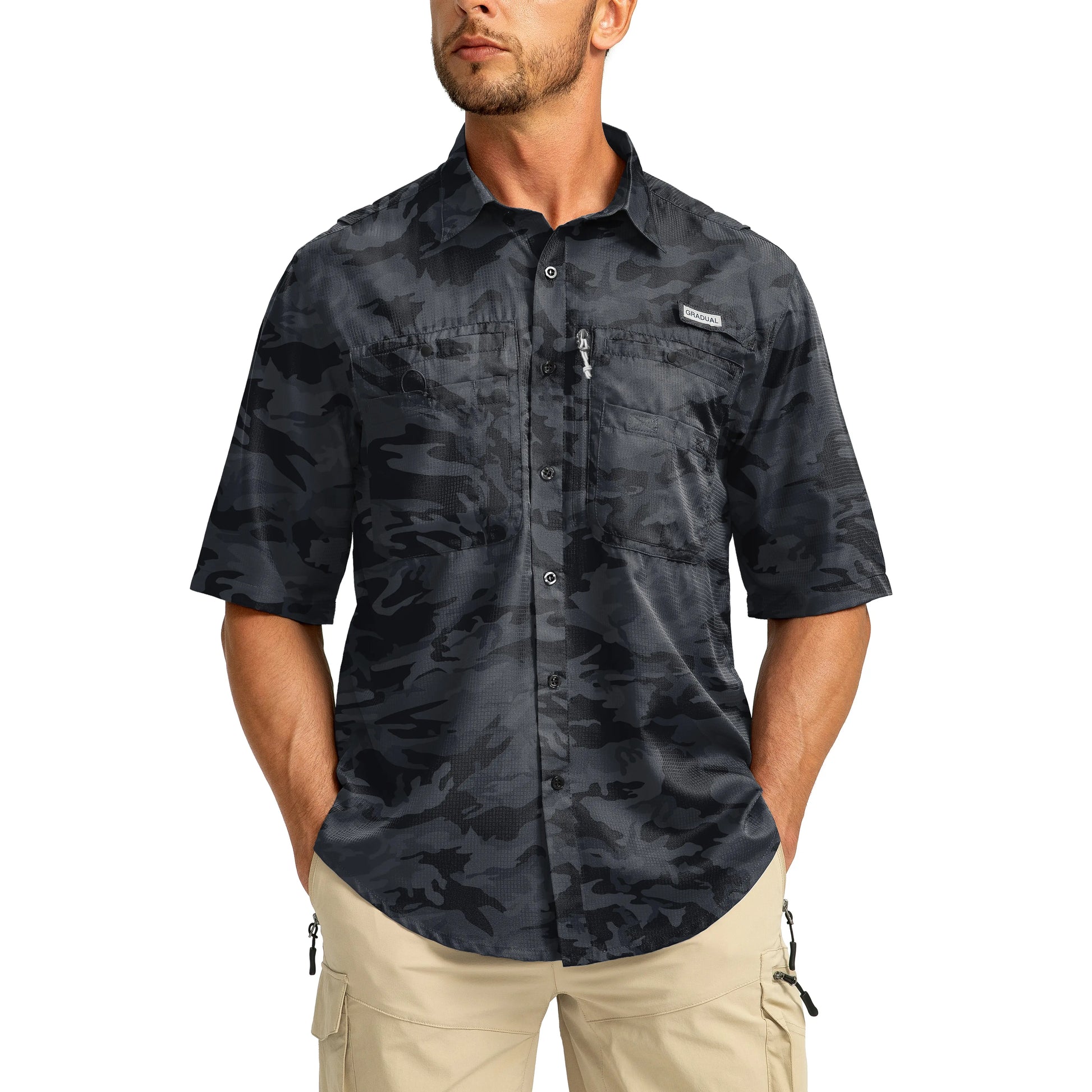 G Gradual Men'S Casual Outdoor Button-Down Fishing Top - UPF 50+ Lightweight Cool Short-Sleeve, Zipper Pockets, Machine Wash for Hiking/Light Outdoor Sports