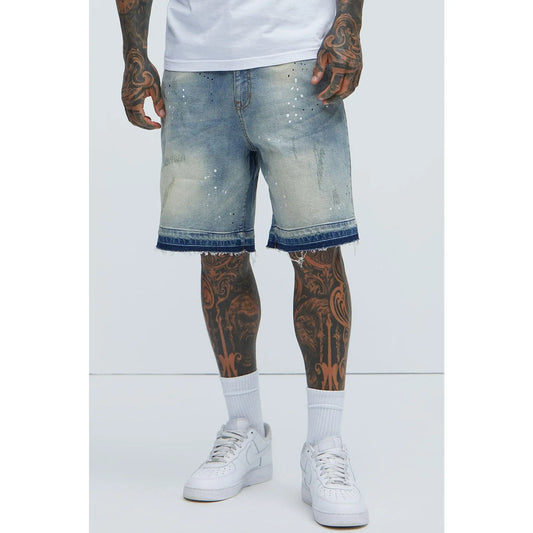 Splatter Skate Relaxed Denim Shorts - Medium Wash