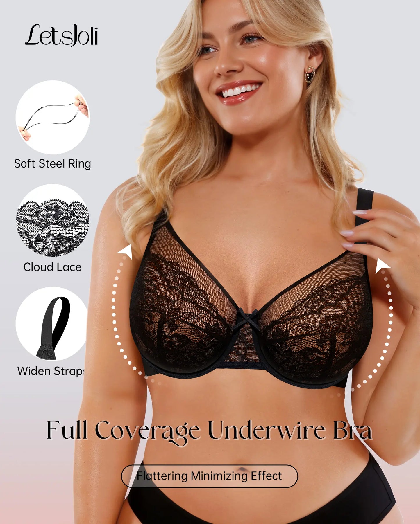 LETSJOLI plus Size Push-Up Bra Letsjoli Enchante Floral Lace plus Size Underwire Unlined Unpadded Minimizer Full Coverage Bra Women'S Comfortable Breathable Mesh Cup Postpartum Minimizer for Women Full Coverage Lace Unlined Wirefree plus Size Supportive