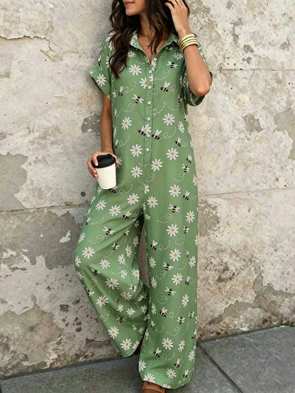 Women'S Casual Loose-Fitting Breathable Jumpsuit, Summer Short Sleeve Collared Print Jumpsuit, Wide Leg Long Pants with Button Closure